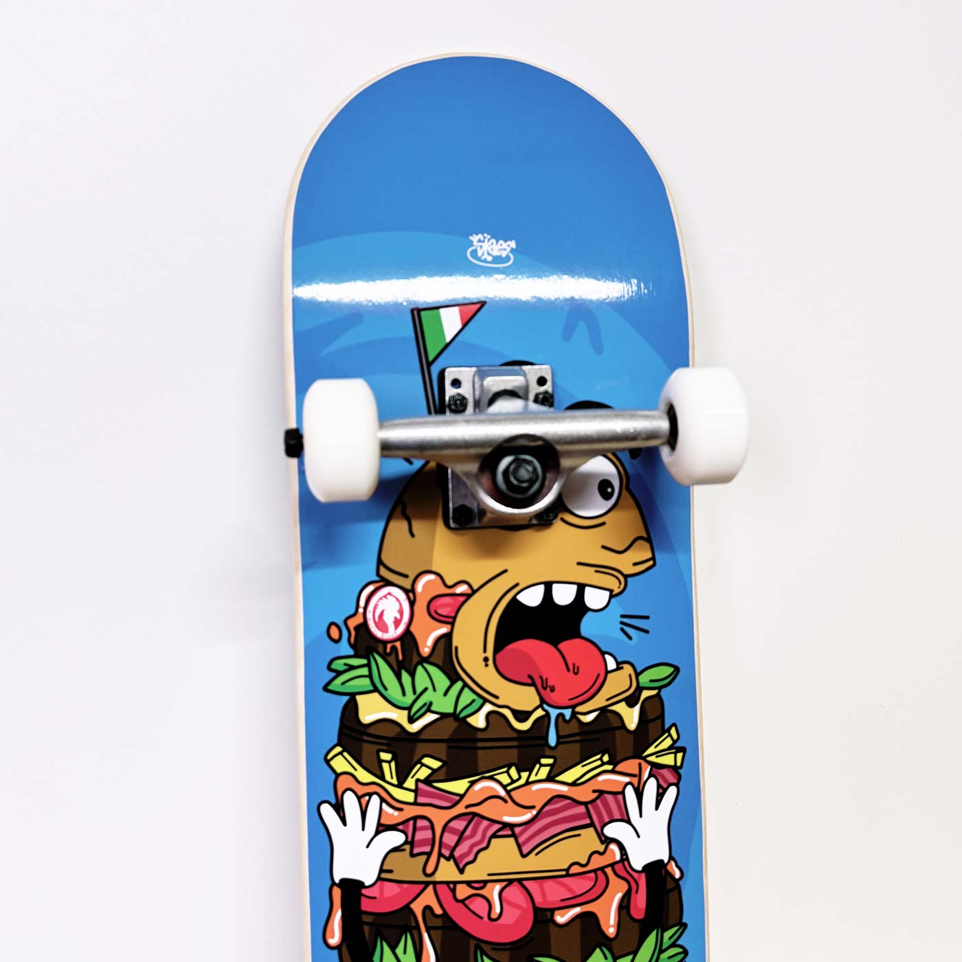 skateboard completo - grafica di un hamburger in stile cartoon - prodotto da algal board