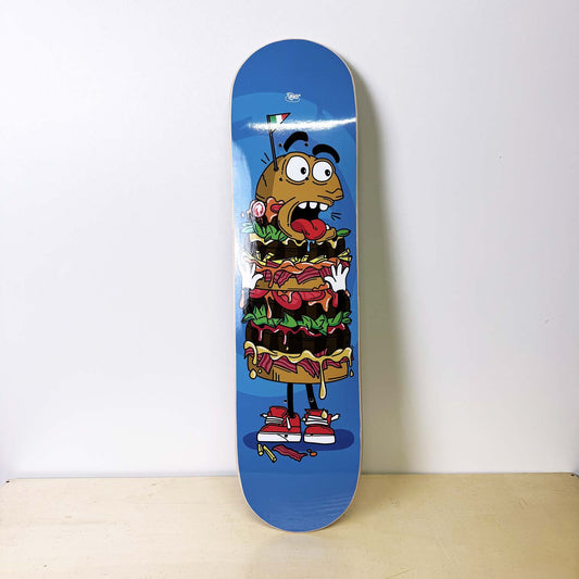 tavola skateboard con grafica di un hamburger in stile cartoon - prodotto da algal board